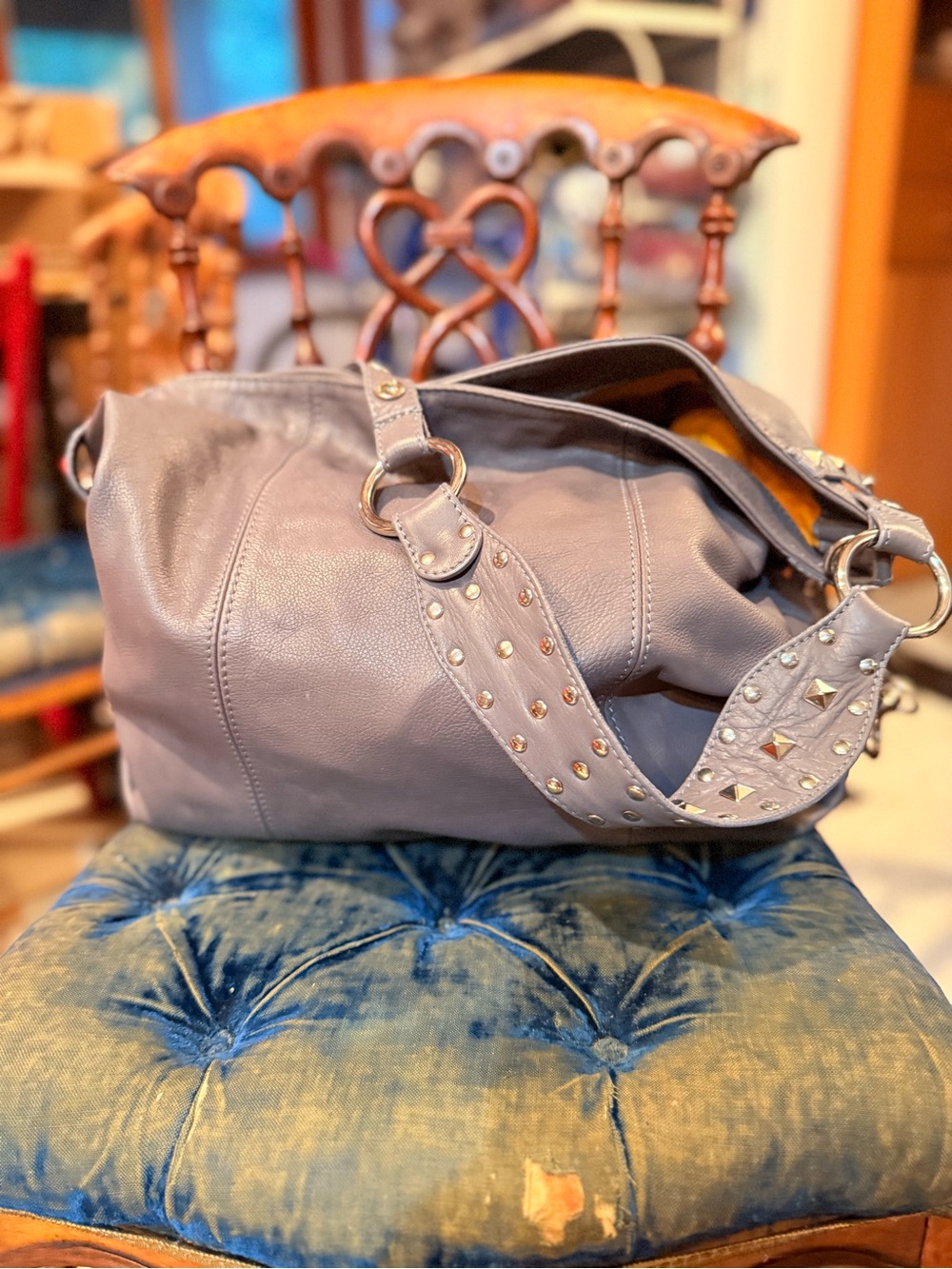 Stud-Accent Leather Shoulder Bag in Gray